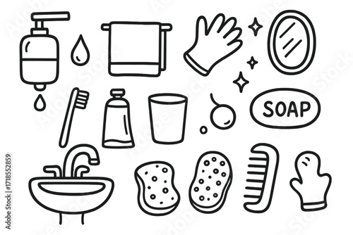 Hotel Bathroom Essentials. Hand-drawn doodle illustration Hotel bathroom soap dispenser mounted dispenser, droplet, towel, toothbrush, toothpaste, cup,