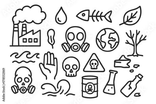 Environmental Pollution Doodles. Hand-drawn doodle illustration Environmental contamination factory, smoke cloud, water droplet, fish skeleton, dead tree, gas