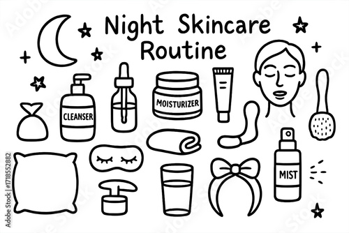 Skincare Routine Doodle. Hand-drawn doodle illustration [Night skincare routine] moon icon, stars, cleanser bottle, serum dropper, moisturizer jar, face