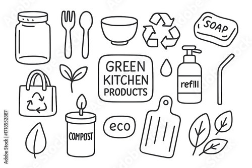 Eco-Friendly Kitchen Doodles. Hand-drawn doodle illustration Green kitchen products [glass jar, bamboo spoon, fork, eco bowl, soap bar, refill