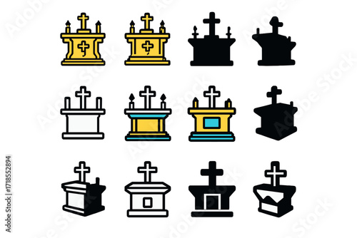 Ornate Church Altar Logos. Set Logo of Church Altar: ornate golden altar. Logo set in vector style, emblematic variations. line, bold thick line, solid black
