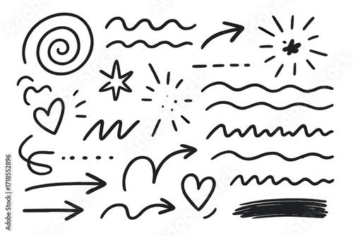 Artistic Doodle Chaos. Hand-drawn doodle illustration Artistic Scribbles lines, loops, curves, waves, arrows, hearts, stars, dashes, dots, bursts, zigzags,