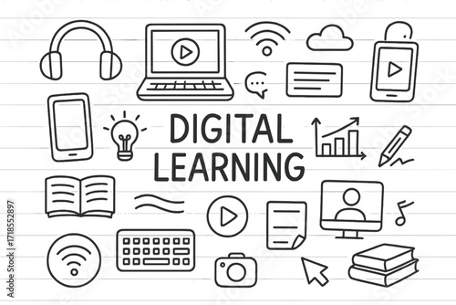 Digital Learning Doodles. Digital learning. Hand-drawn doodle illustration digital learning laptops, tablets, phones, headphones, books, keyboards, Wi-Fi