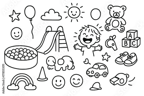 Playful Ball Pit Icons. Hand-drawn doodle illustration Ball pit plastic balls, slide, laughing child, star, sun, cloud, balloon, teddy bear, blocks, whistle,