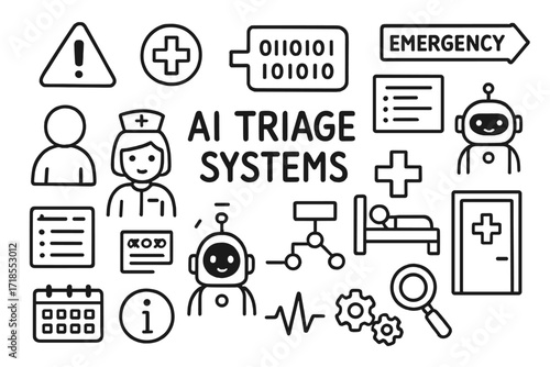 AI-Driven Healthcare Doodles. Hand-drawn doodle illustration AI Triage Systems AI alert, patient icon, robot nurse, hospital bed, decision tree, cross symbol,