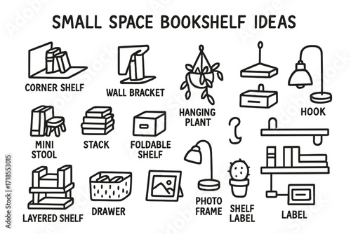 Small Space Bookshelf Ideas. Hand-drawn doodle illustration Small space bookshelf ideas [corner shelf, wall bracket, stack of books, mini stool, hanging plant,