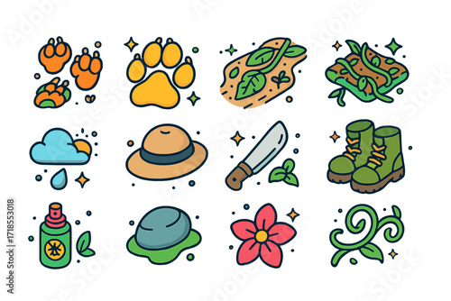 Jungle Adventure Icons. Colorful isometric vector icons set of Jungle Footprints Discovery: monkey tracks, jaguar paw print, leaf-covered trail, vine-covered
