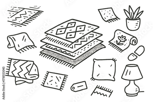 Layered Rugs Doodle. Hand-drawn doodle illustration Layered rug setup [stacked rugs, texture mark, corner lift, pattern overlap, tassel detail, floorboard,