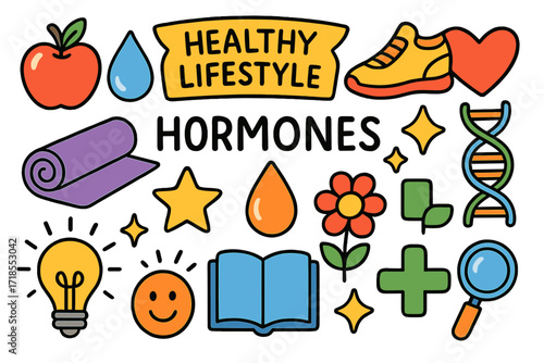 Healthy Lifestyle Doodles. Colorful Hand-drawn doodle Children illustration Healthy lifestyle for hormones apple, water droplet, running shoe, yoga mat, heart,
