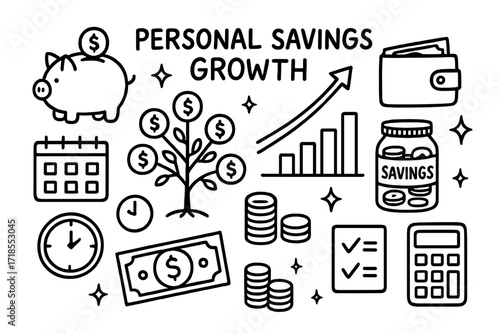 Savings Growth Doodle. Hand-drawn doodle illustration Personal Savings Growth [piggy bank, tree with coins, upward arrow, wallet, savings jar, chart, star,