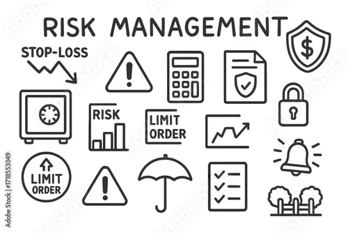 Risk Management Icons. Hand-drawn doodle illustration Risk Management stop-loss icon, warning sign, shield with dollar, safe box, calculator, risk bar, lock,