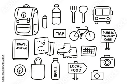 Eco Travel Essentials. Hand-drawn doodle illustration Eco travel backpack, water bottle, reusable utensils, bus icon, map, bike, public transport card, hiking
