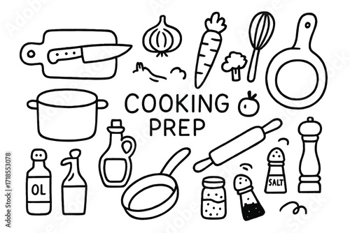 Cooking Prep Doodle. Hand-drawn doodle illustration Cooking prep time chopping board, knife, onion, garlic, carrot, broccoli, tomato, olive oil bottle, pot,