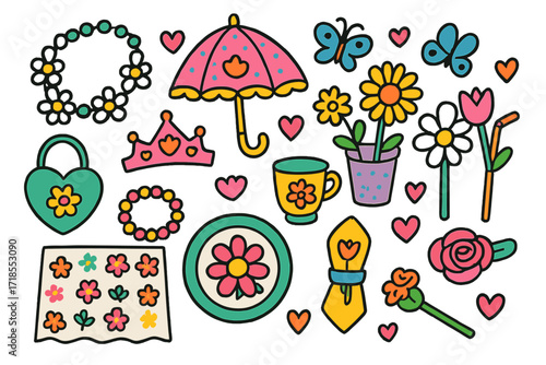 Garden Party Doodles. Colorful Hand-drawn doodle Children illustration Garden Party Accessories flower necklace, tiara, parasol, handbag, bracelet, floral cup,