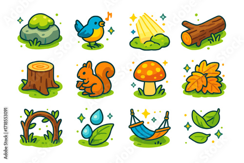 Forest Icon Collection. Colorful isometric vector icons set of peaceful forest moments: moss-covered rock, chirping bird, soft sunlight rays, fallen log, tree