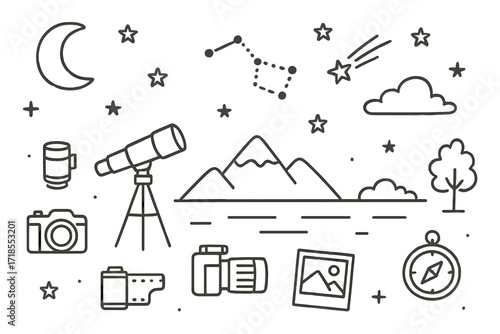 Night Sky Doodle. Hand-drawn doodle illustration night sky panoramic photography moon, stars, telescope, tripod, camera, lens, mountain, clouds, tree, horizon