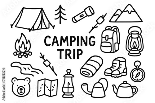 Camping Adventure Icons. Hand-drawn doodle illustration Camping Trip tent, campfire, flashlight, marshmallow stick, backpack, sleeping bag, tree, compass,
