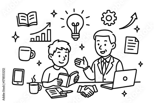 Entrepreneurship Mentor Icons. Hand-drawn doodle illustration Young entrepreneur learning from mentor [two figures, book, notebook, pen, light bulb, chart,