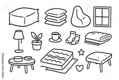 Cozy Doodle Icons. Hand-drawn doodle illustration a set of oversized floor cushions for informal seating floor cushion, pillow stack, beanbag, rug, coffee