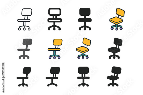 Wooden Chair Logo Grid. Set Logo of Wooden Chair: Office-style wooden swivel chair. Logo set in vector style, emblematic variations. line, bold thick line,