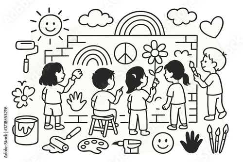Community Mural Doodles. Hand-drawn doodle illustration [Community mural painting] [paint can, roller, wall, kids, sun, rainbow, flower, peace sign, palette,