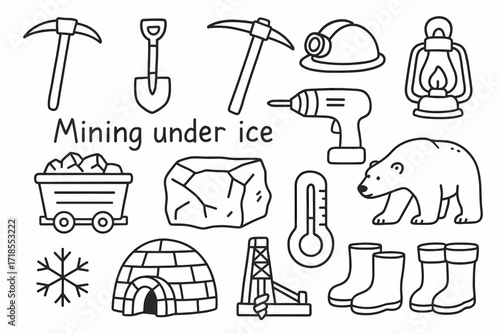 Arctic Mining Doodles. Hand-drawn doodle illustration Mining under ice, ice pick, snow shovel, pickaxe, hard hat, lantern, mining cart, drill, ice block, polar