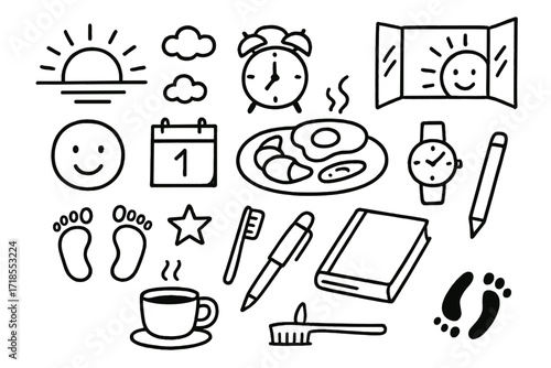 Morning Routine Icons. Hand-drawn doodle illustration day sunrise, sun, clouds, alarm clock, coffee cup, calendar, watch, open window, smiling face, breakfast