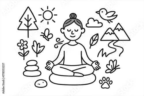 Nature Meditation Icons. Hand-drawn doodle illustration Nature meditation retreat person cross-legged, tree, mountain, river, sun, cloud, bird, leaf, flower,