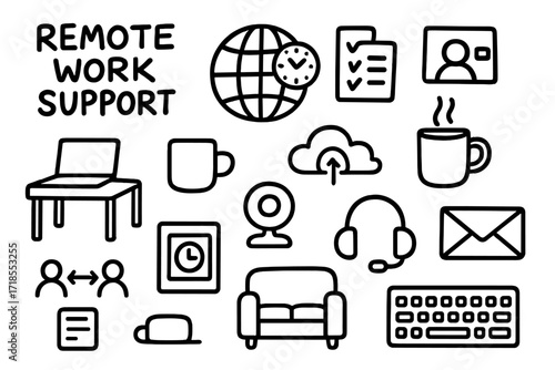 Remote Work Icons. Hand-drawn doodle illustration Remote work support laptop, video call icon, home desk, coffee mug, time zone globe, checklist, planner,