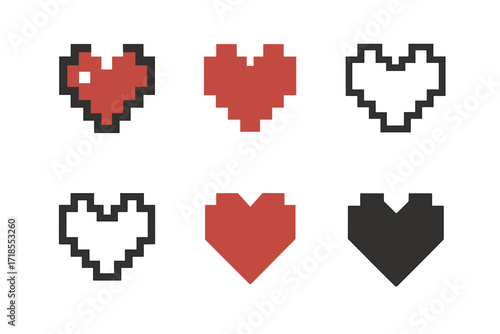 Pixel Heart Variations. Gaming. Set Logo of Gaming: Pixel heart. harmonious logo variations of the same emblematic concept, each with different artistic