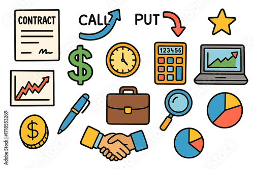 Colorful Trading Doodles. Colorful Hand-drawn doodle Children illustration Options trading [contract paper, call option arrow, put option arrow, dollar sign,