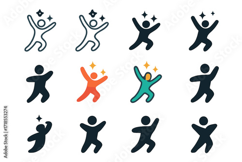 Joyful Leap Logos. Set Logo of Jumping for Joy: leaping figure with stars. Logo set in vector style, emblematic variations. line, bold thick line, solid black