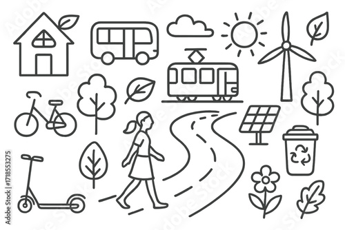Eco-Friendly City Doodle. Hand-drawn doodle illustration Green city planning [eco house, bus, tram, bicycle, scooter, pedestrian, tree, leaf, recycling bin,