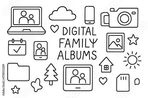 Digital Family Album Icons. Hand-drawn doodle illustration Digital family albums [laptop, smartphone, tablet, camera, photo frame, cloud, memory card, heart,