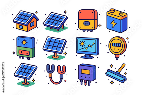 Colorful Solar Icons Grid. Colorful isometric vector icons set of solar panel systems: rooftop solar panel, ground-mounted array, solar inverter, battery