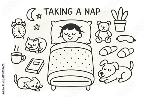 Cozy Nap Doodle. Hand-drawn doodle illustration Taking a nap Bed, Pillow, Blanket, Mattress, Alarm clock, Cat, Dog, Book, Coffee cup, Eye mask, Slippers, Moon,