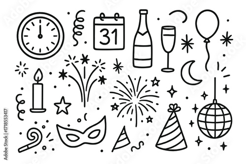 New Year's Icons. Hand-drawn doodle illustration Countdown to midnight clock, calendar, champagne bottle, glass, balloon, fireworks, streamers, star, moon,
