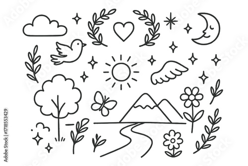 Eternal Peace Doodles. Hand-drawn doodle illustration Eternal peace landscape [tree, flower, bird, butterfly, sun, moon, cloud, star, sparkle, laurel wreath,