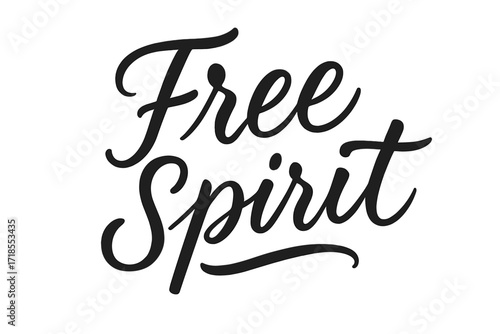Flowing Script Art. Free Spirit ? Script Hand-Lettering, flowing brush strokes with semi-cursive connectors, light and airy movement, slight upward slant,