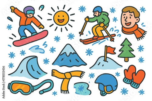 Snow Fun Doodles. Colorful Hand-drawn doodle Children illustration Snow park jumps and tricks snowboard, skier, ramp, mountain, snowflake, pine tree, helmet,