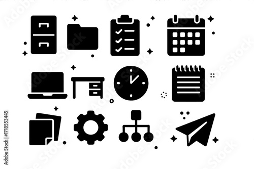 Minimal Workspace Icons. Workplace Organization. Solid icons set of workplace organization: filing cabinet, folder, checklist, calendar, laptop, desk, clock,