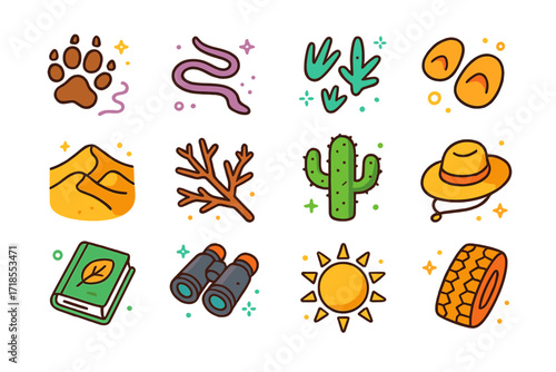 Desert Exploration Icons. Colorful isometric vector icons set of Desert Tracks Exploration: coyote footprints, snake trail, lizard prints, camel hoof marks,