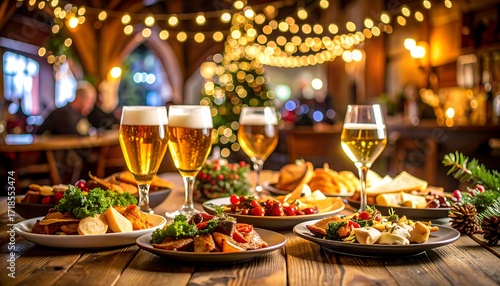 Festive table laden with food & drinks