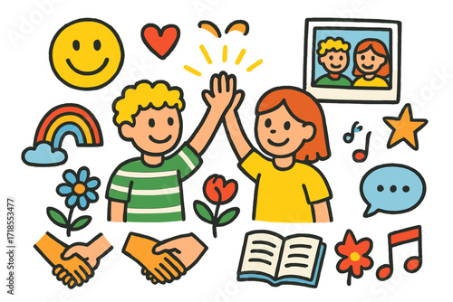 Children's Friendship Doodles. Colorful Hand-drawn doodle Children illustration Friendship and Bonding two friends, smiley face, heart, high five, photo frame,