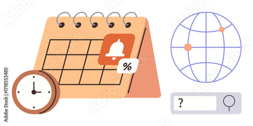 Calendar with a reminder, clock, search bar, and global map icon symbolizes scheduling, planning, time management, worldwide connection, search optimization. Ideal for productivity global reach