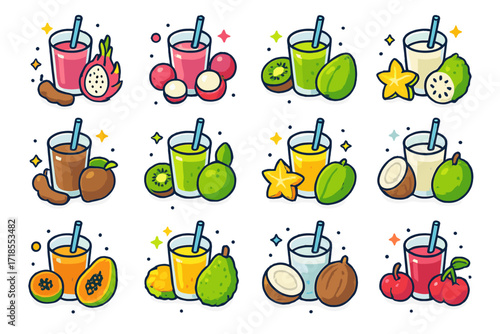 Tropical Juice Icons. Colorful isometric vector icons set of exotic and tropical juices: dragon fruit juice, lychee juice, passion fruit juice, guava juice,
