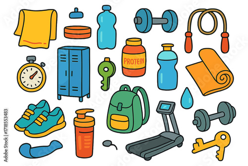 Colorful Gym Essentials. Colorful Hand-drawn doodle Children illustration Gym towel, water bottle, dumbbell, jump rope, sweatband, locker, yoga mat, stopwatch,