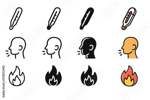 Immune Response Icons. Icon Set of Immune Response: Fever thermometer, Swollen lymph node, Inflammation. Icons set in vector style, emblematic variations.