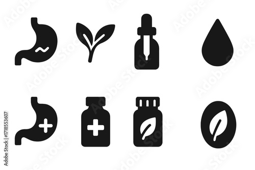 Bitters Icon Grid. Solid, filled icon set of bitters health and wellness: digestive aid, herbal remedy, tincture, bitters drop, stomach relief, natural