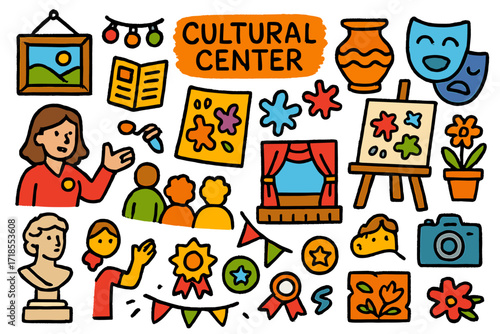 Cultural Art Show. Colorful Hand-drawn doodle Children illustration Cultural Center Art Show hanging art, pottery, theater mask, colorful lights, brochure,
